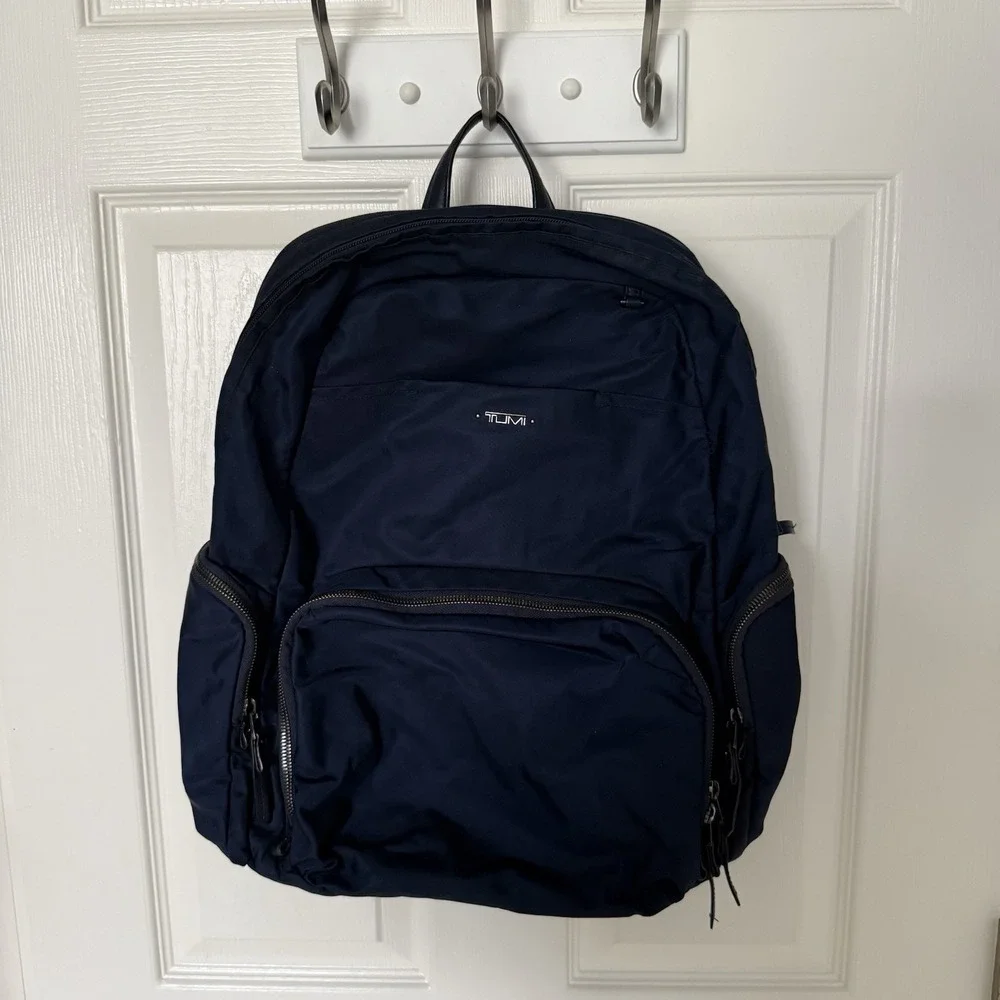 TUMI Navy Blue Nylon Silver Medium Backpack Book Bag Work Commuter Bag